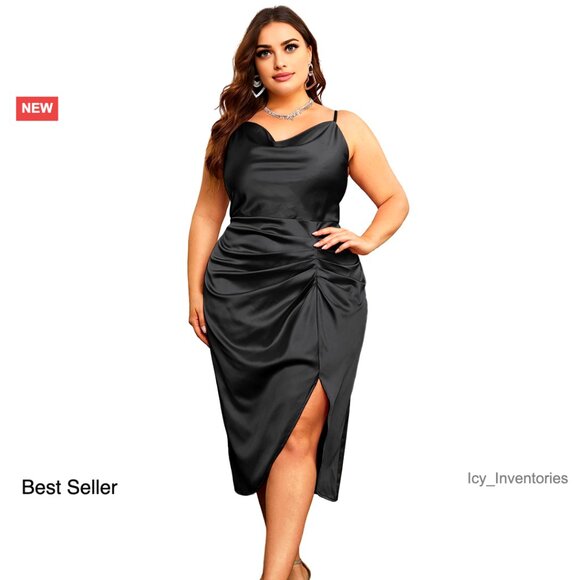 Satin Midi Dress Ruched Cowl Neck Spaghetti Strap Elegant Cocktail Party Wear